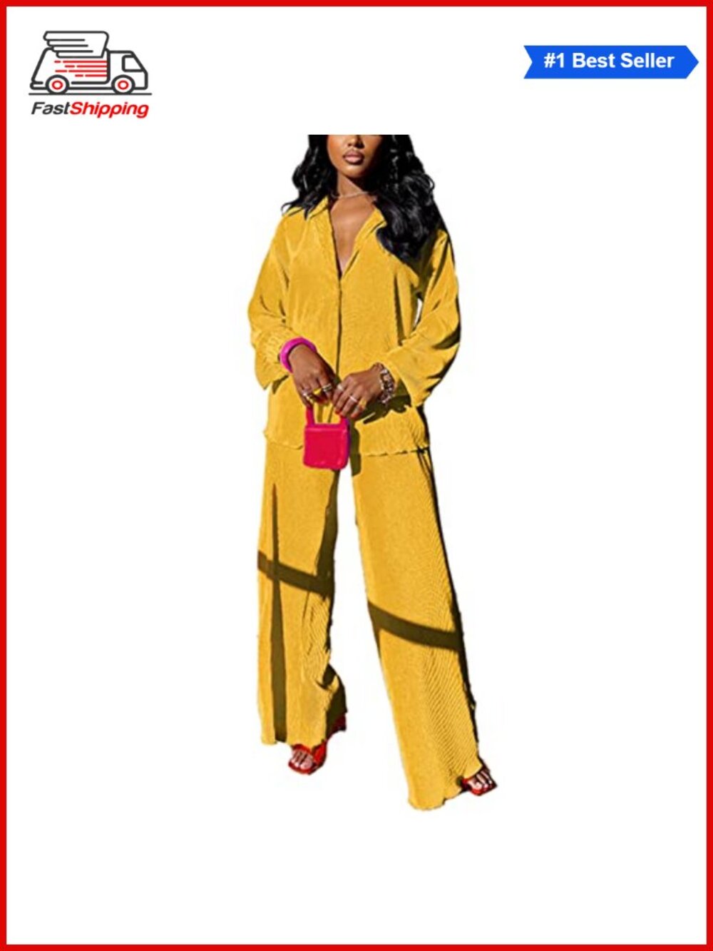 ✨ Casual 2 Piece Wide Leg Pant Set Button Down Shirt Loose Fit Polyester
